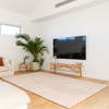 Modern living room with a large TV, plant, and wooden coffee table.